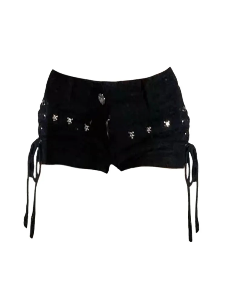 

Fashion Sexy Rivet Denim Shorts E-girl Streetwear Black Mini Jeans Shorts Casual Gyaru Club Hot Pants Cross Bandage Y2K Gyaru