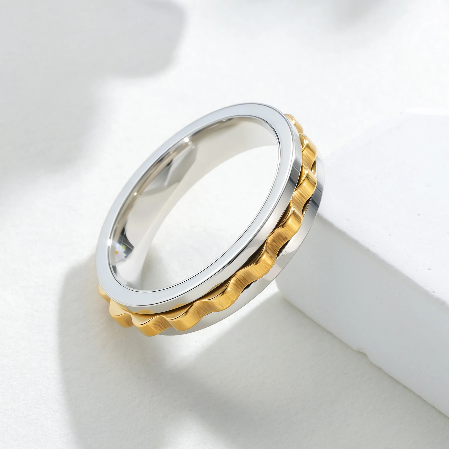 Gear Chain  Anti Stress Stainless Steel Ring For Men Rotating Anxiety Relief Spinning Fidget Rings Punk Jewelry Size 6-13