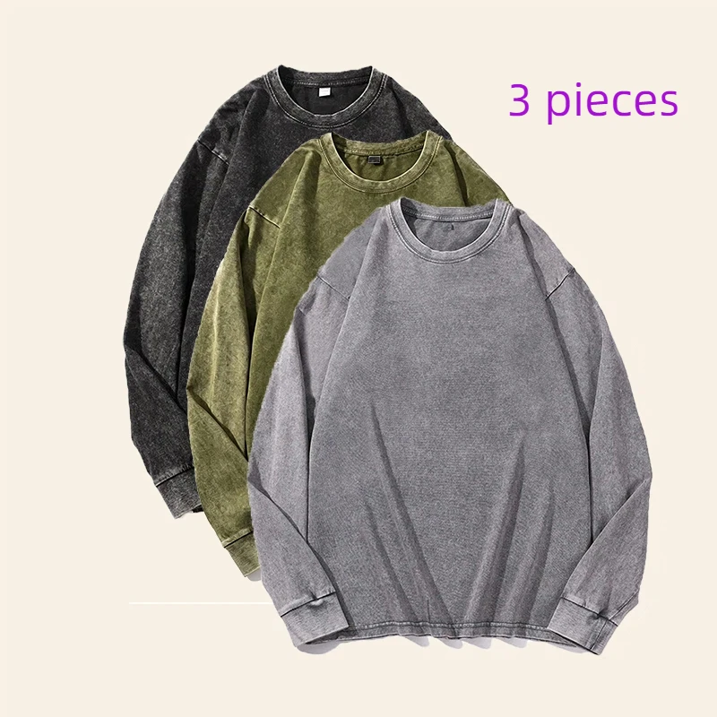 3 Pieces Plus Size Washed Pure Cotton Long Sleeve T-Shirt European Style Oversized Round Neck Big Size for Men And Women