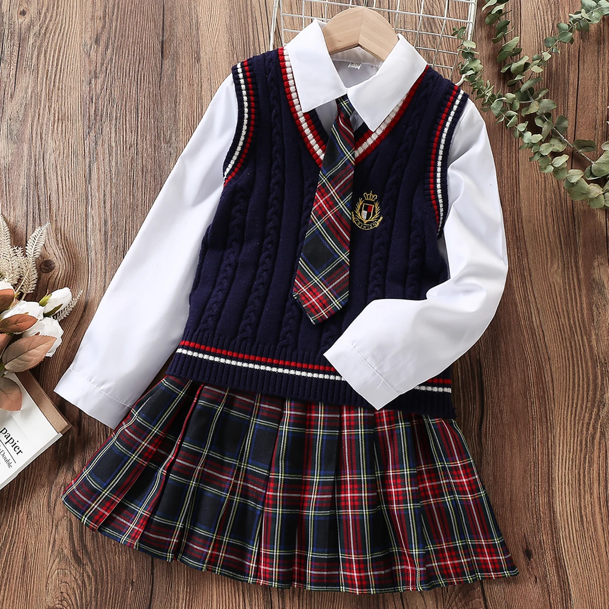 Children Clothing Sets for Girls Suits School Vest Sweater & Shirt & Skirt Outfits Plaid Teenagers Costumes 6 8 9 10 12 13 Years