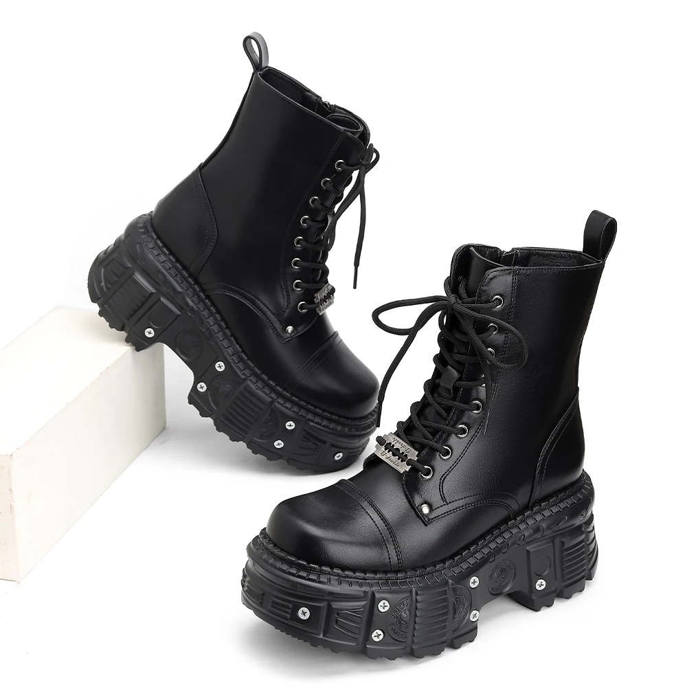 

2025 New Punk Women Platform Ankle Boots Female's Rock Round Toe Lace Up Fashion Retro Chunky Shoes Metal Decor Short Boots
