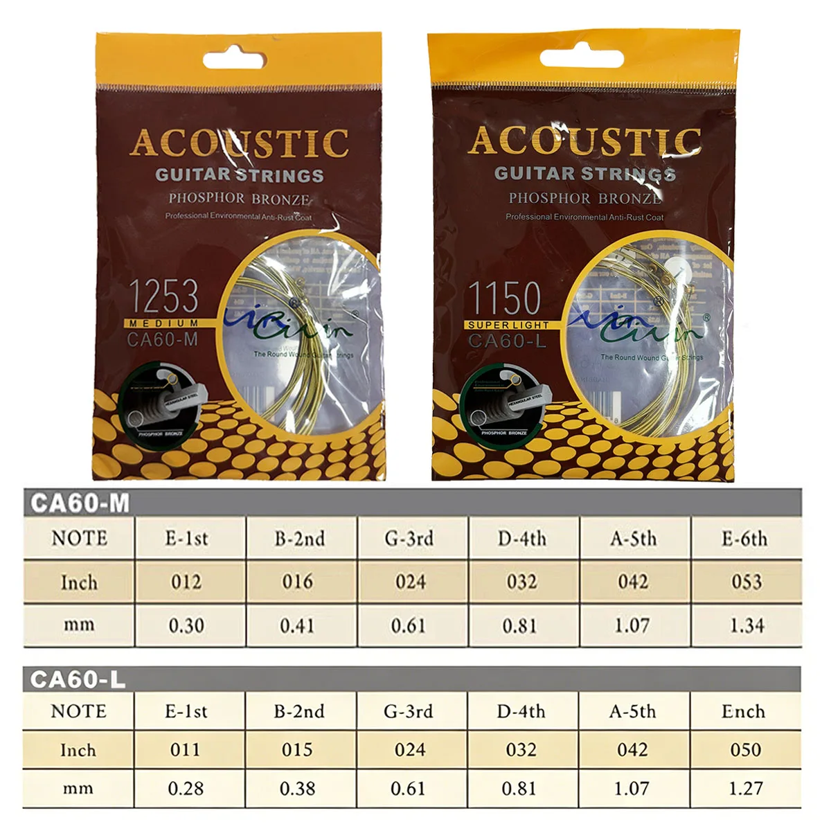 Civin CA60-M/CA60-L Phosphor Bronze Acoustic Guitar Strings – Medium 012-053 & Super Light 011-050 Options, Hex Core, Anti-Rust