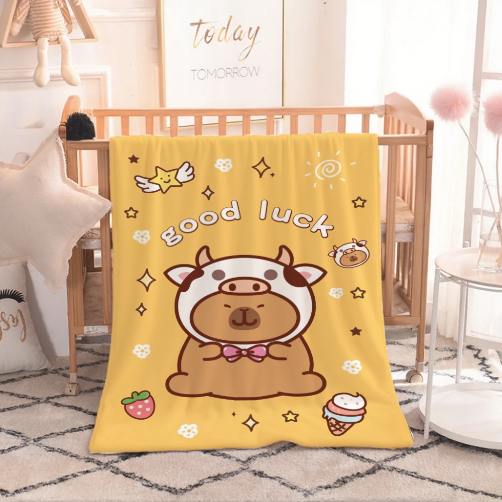 Cow Hood Cute Capybara Good Luck Ice Cream Throw Blanket for Indoor Space Bedroom Sofa Office Birthday Blessing Theme Party Gift