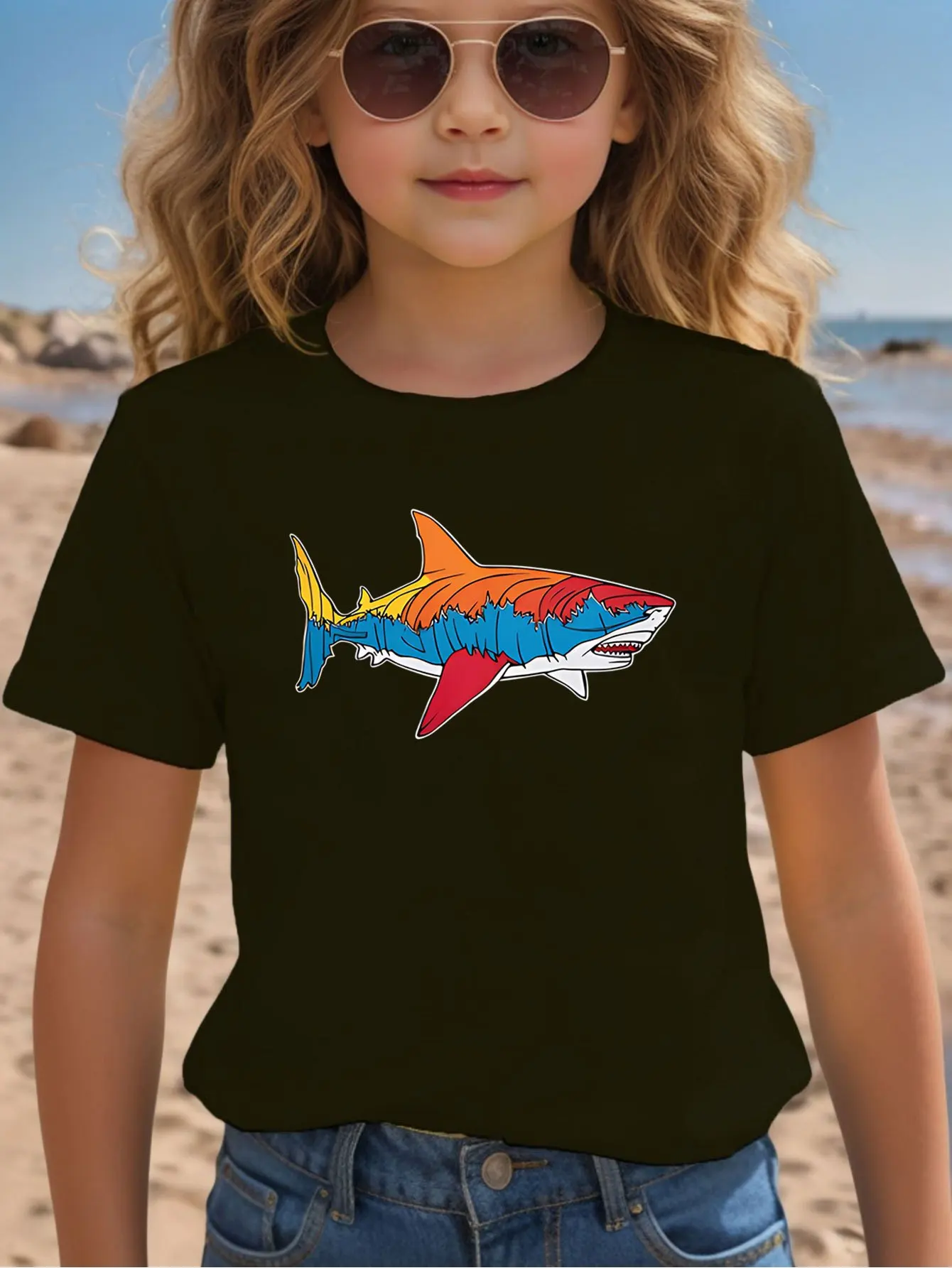 Colorful Gradient Shark Kids Cotton T Shirt Boys Girls Parent Child Matching Short Sleeve Casual Breathable Family Fashion Tees