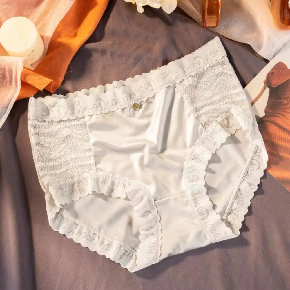 

Элегантные атласные шелковые кружевные трусы с цветочным принтом, сетчатые бесшовные трусики из ледяного шелка, дышащее хлопковое женское нижнее белье с промежностью