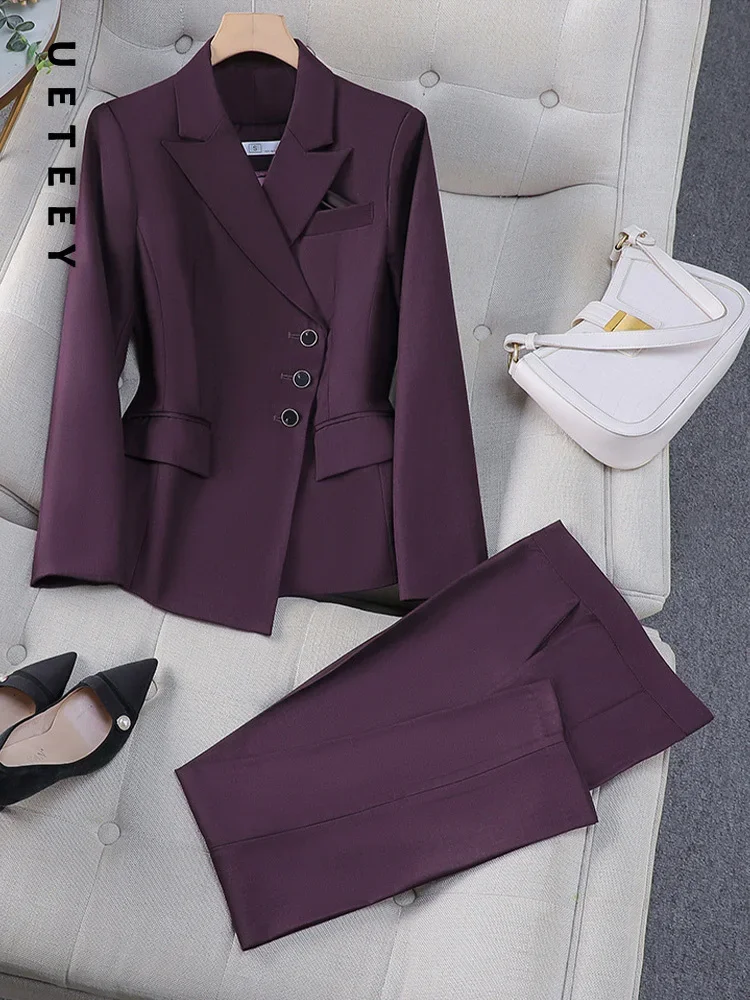 UETEEY офисный серый модный элегантный женский комплект брюк, однобортный комплект на молнии, повседневная рубашка с рукавами, деловая рабочая одежда, комплект из 2 предметов