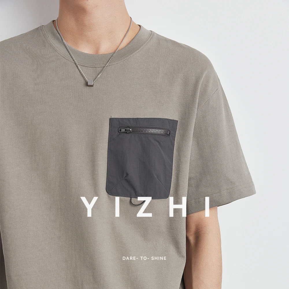 Summer Men's New Round Neck Pocket Couple T-shirt Fashion Loose Half Sleeve Top Casual Micro Elastic Five-point Sleeve Cotton