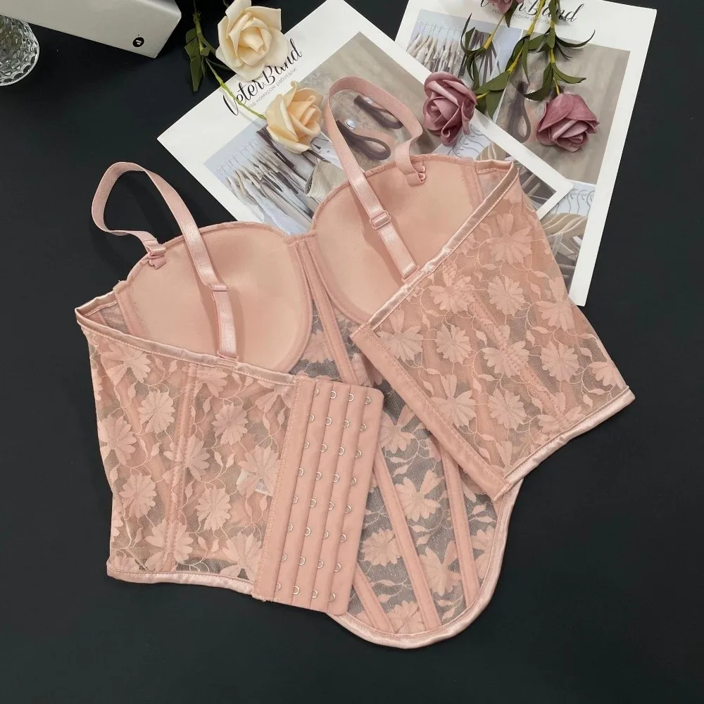 

Fashion with Buckle Lace Camisole with Pads Sleeveless Mesh Flower Lace Corset Streetwear Elegant Crop Tops Ladies