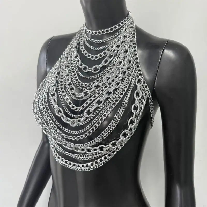 39BC Punk Theme Body Chain Metallic Chest Chain Tassels Necklace Women Body Jewelry