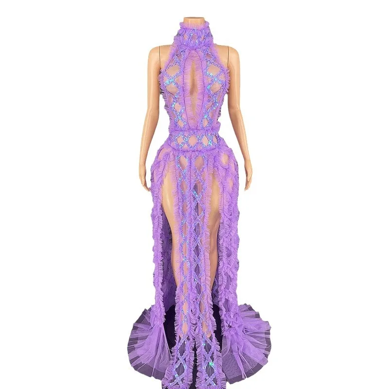 Fashion Neck Halter Glam Mesh Hollowed-out Design Ball Nightclub Bar Dress Luxury Dresses For Prom Robes De Soirée Haute Qualité