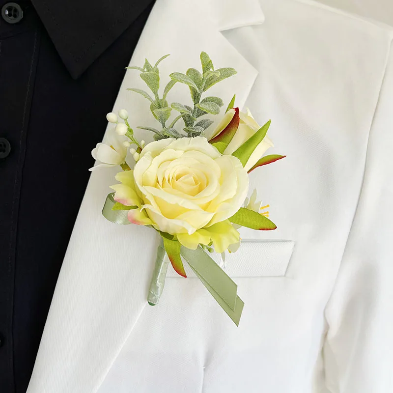 Boutonniere accessori per lo sposo per il matrimonio Buttonhole fiori artificiali rose di seta braccialetto damigelle d'onore matrimonio spille per corpetto