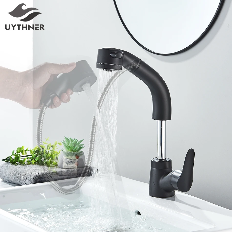 

Basin Faucet with Flexible Pull Out Sprayer Deck Mounted Extendable Lift Bathroom Sink Mixer Taps Dual Modes Nozzle For Kitchen