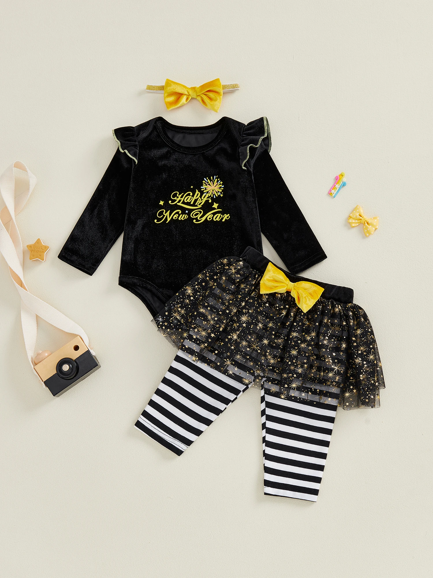 طقم ملابس للفتيات الصغيرات مكون من 3 قطع مع سروال توتو بأكمام طويلة ورقبة دائرية وعصابة رأس - طباعة حروف لطيفة للعام الجديد #4