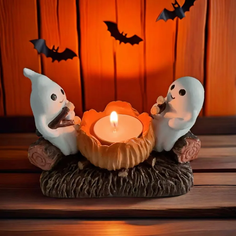 Cartoon Ghost Campfire Flickering Candle Holder Removable Firewood Pile Decorative Halloween Desk Ghost Torch Figurine Resin