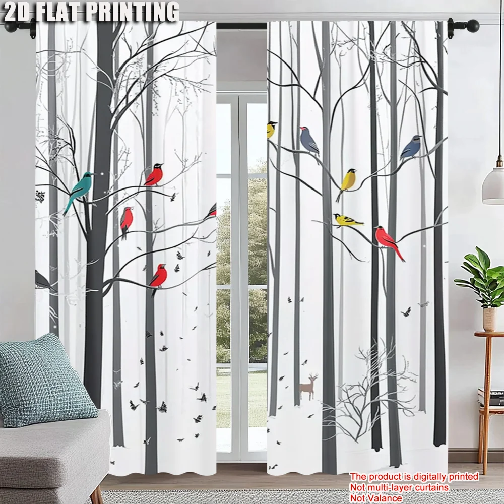 

2Pcs Rustic Forest Deer And Colorful Birds Print Window Curtain Machine Washable Animal Themed Decorative Curtains For Bedroom