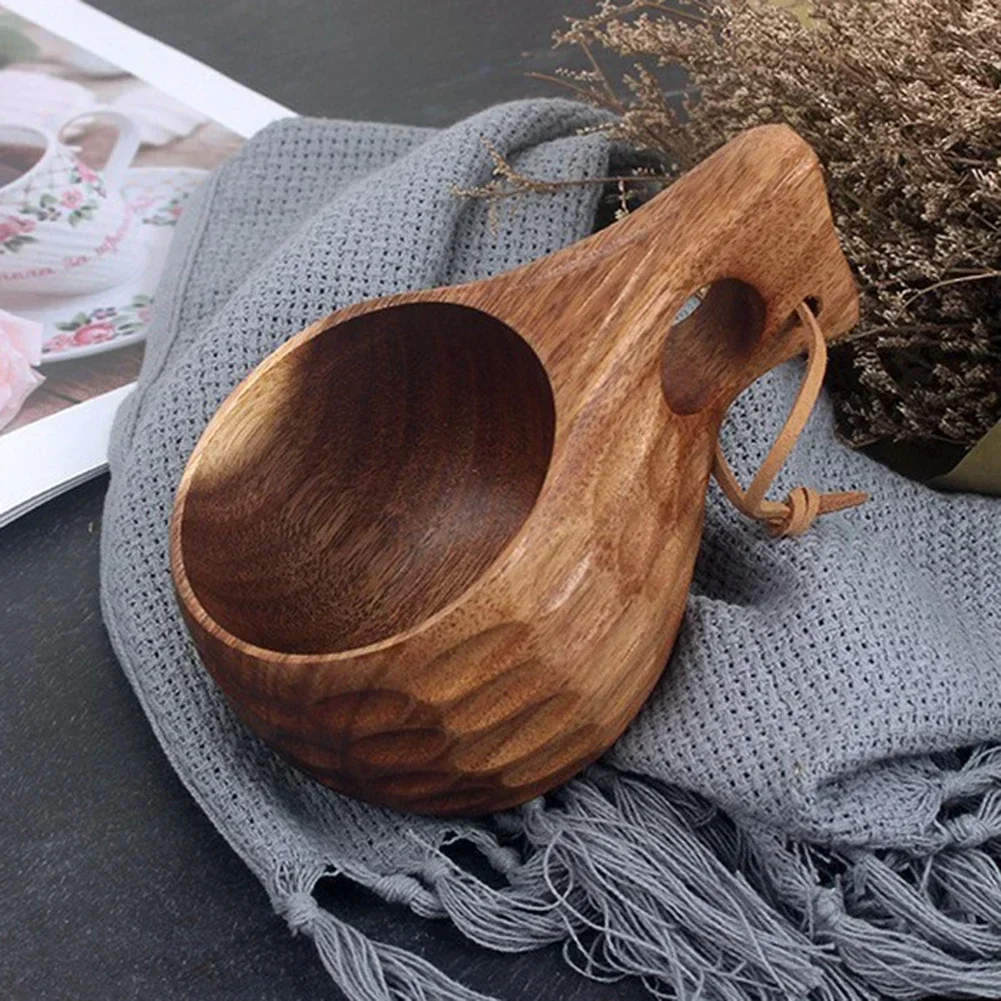 Handmade Wooden Milk Cup Acacia Wood Coffee Mugs Tasse With Carrying Rope Handle Camping Drinkware Cups Artifact Kitchen Tools