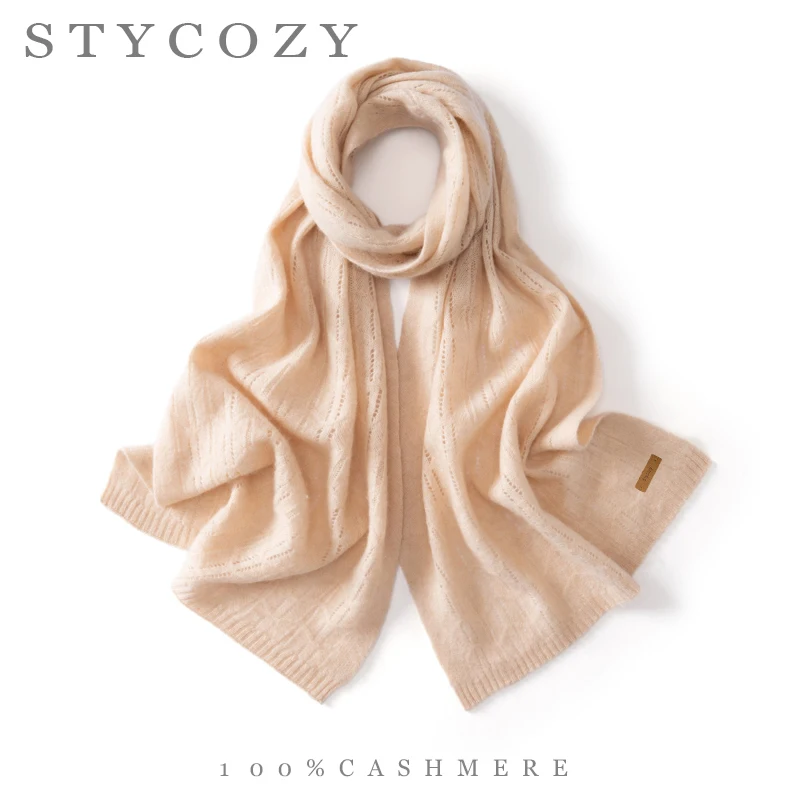 Women 100% Cashmere Openwork Knit Scarf Solid Vertical Striped Lightweight Elegant Long Knitted Shawl Unisex Neck Wrap Winter