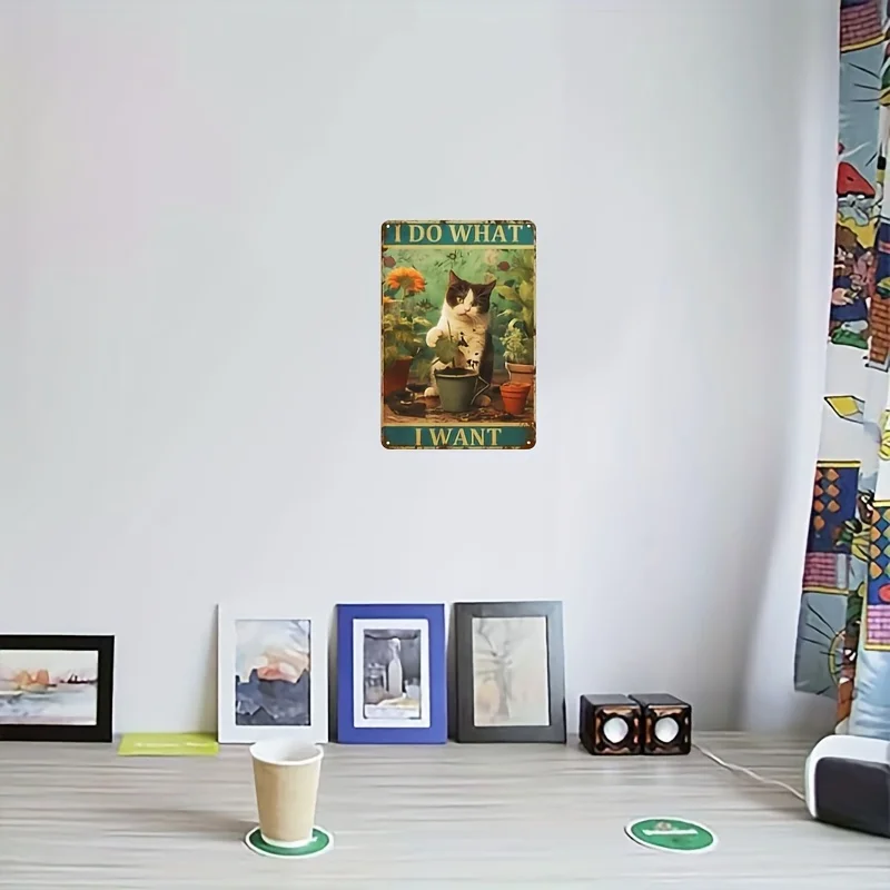 [فن حائط على شكل قطة غريبة] لافتة فنية جدارية معدنية عتيقة على شكل قطة "أنا أفعل ما أريده" - ديكور منزلي من الحديد الريفي مقاس 8 × 12 بوصة مع كاليفورنيا غريب الأطوار