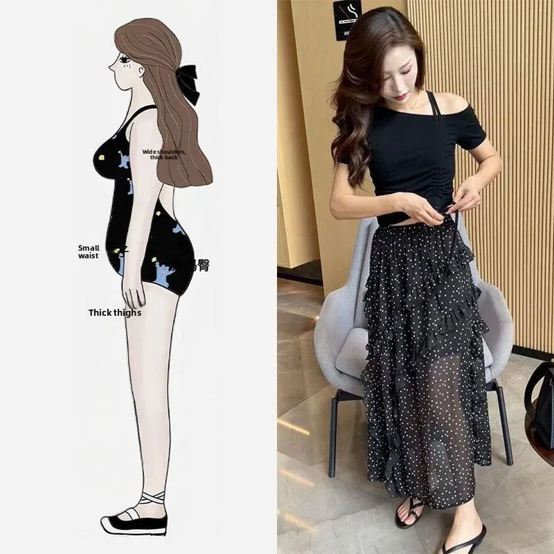 

Summer Fashion Sexy Shoulder Bared Short Sleeve T Shirt Polka Dot Half Skirt Two Piece Set Women's Design Sense Trendy