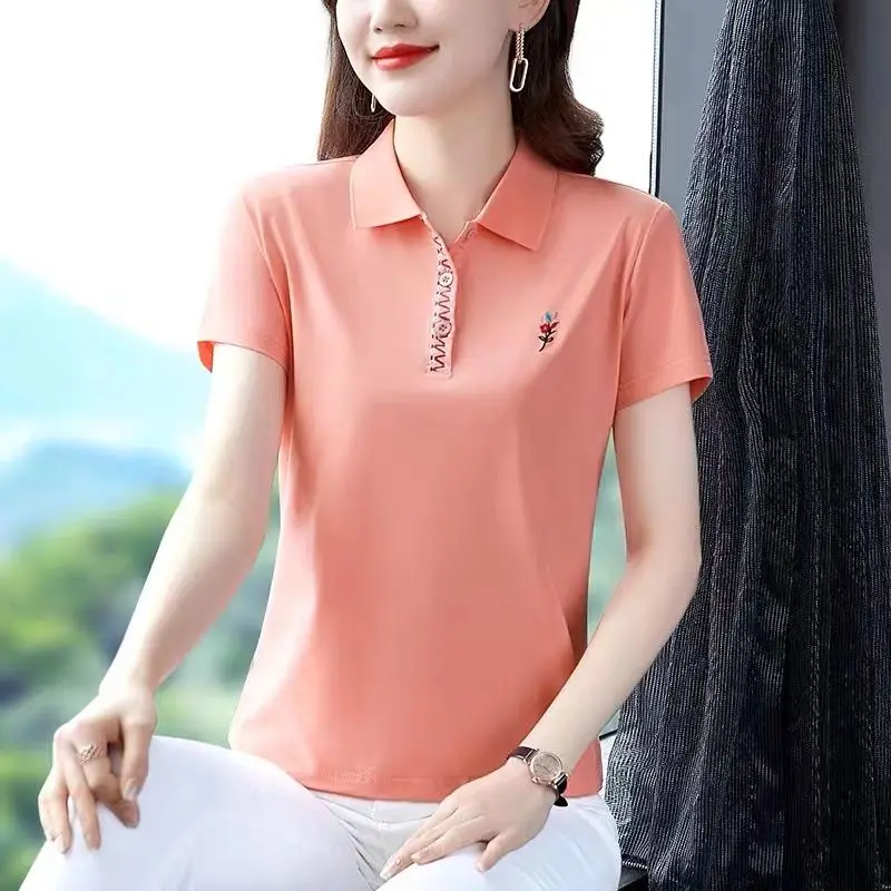 Women\'s Clothing 2024 New Summer Korean Fashion Embroidery Loose Tees Short Sleeve Polo Collar T-shirts Female Casual Solid Tops