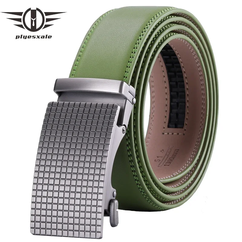 

Plyesxale Grass Green Men Belt 2024 Brand Mens Genuine Leather Belts With Automatic Buckle Brown Formal Cinto Masculino B65