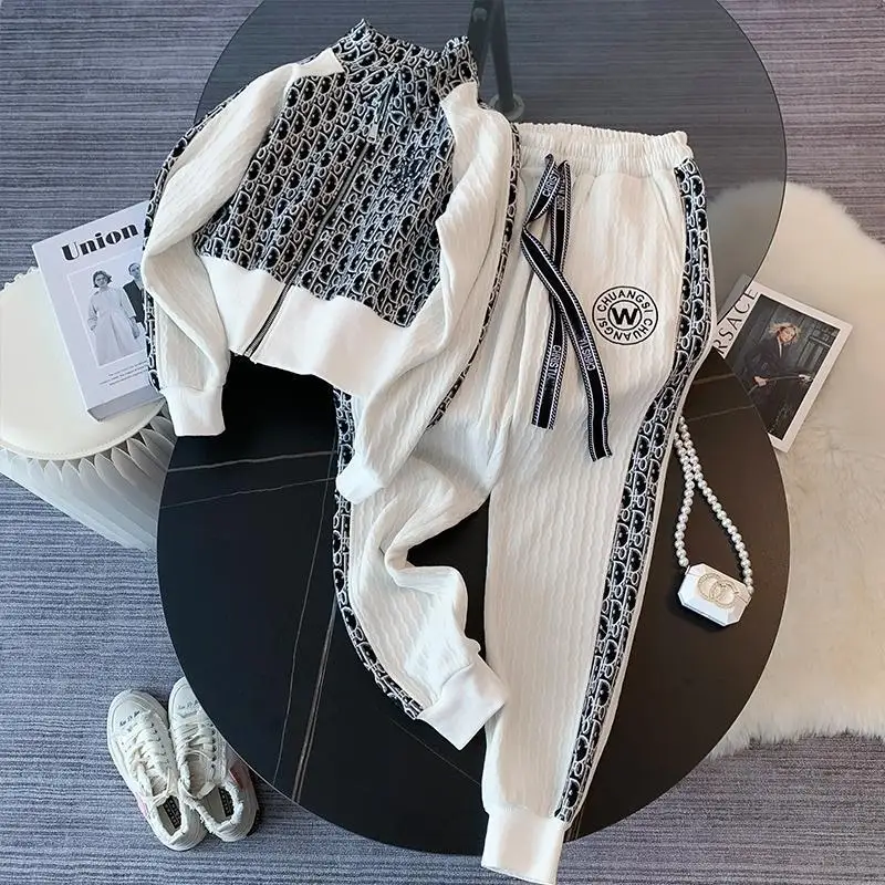 Ensemble de survêtement deux pièces imprimé rétro pour femme, veste à glissière à manches longues, pantalon Wstring de proximité, tenues de sport à