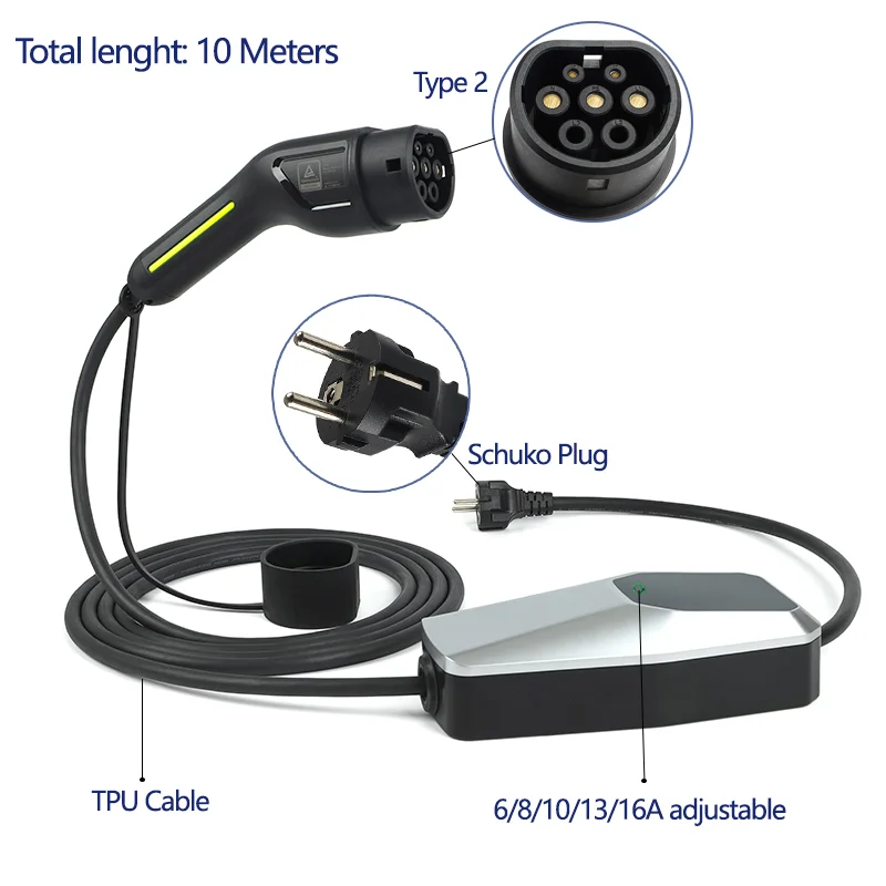 EV-oplader Type 2 Type 1 Oplaaddoos voor elektrische auto 6A-16A 10 meter 4 meter 1 fase 3 fase EVSE-oplaadkabel Modus 2