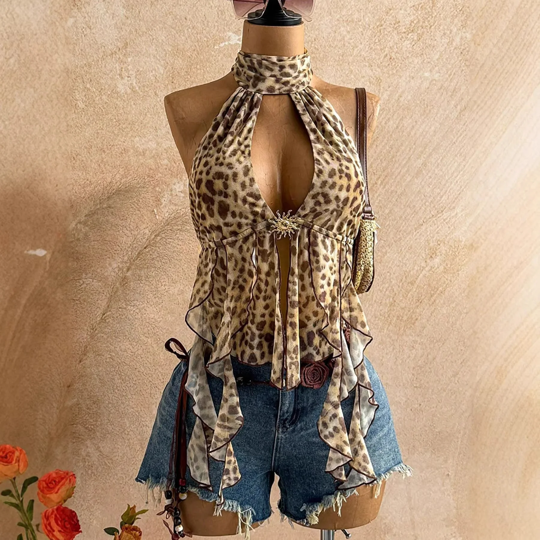 2026 Summer New Halter Leopard Print Short Top Neck Streamer Turtleneck Women's Vest