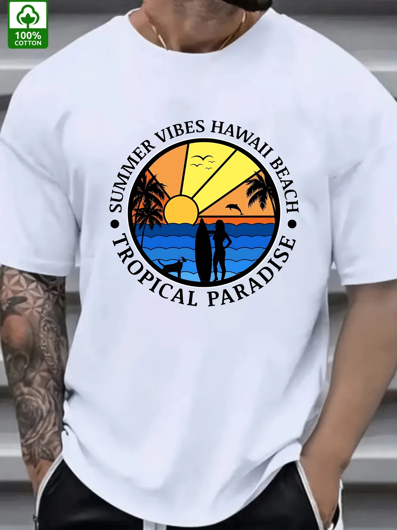 Tropical Paradise Summer Vibes Hawaii Beach T-Shirt 100% Cotton O-Neck Short Sleeve Summer Casual Mens T-shirt Streetwear