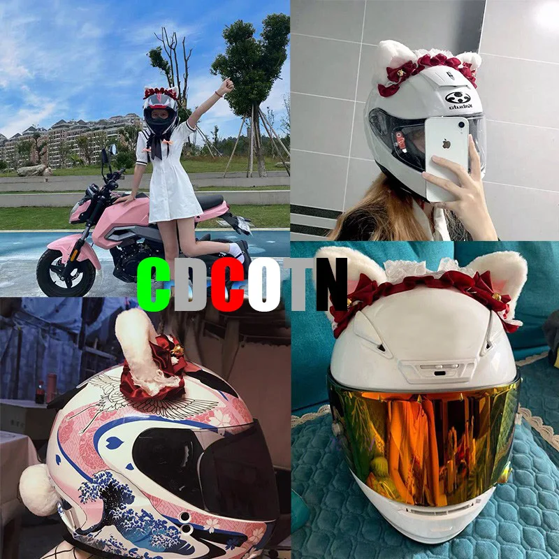 Motorcycle Electric Helmet Decorations Anime Lolita Cute Plush Cat Ears Lace Motorbike Helmet Accessorie Sticker Cosplay Styling