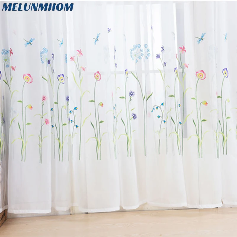 American Embroidered Sheer Curtains for Bedroom Colorful Flowers Tulle Curtains for Living Room the Kitchen Window Curtain Yarn