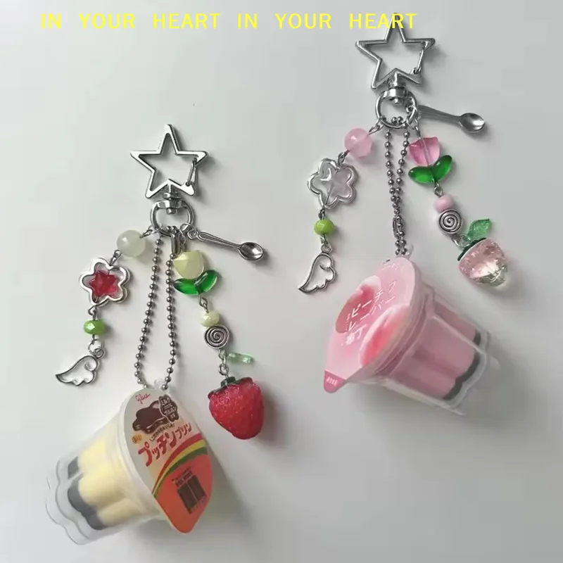【X】1 Pieza Llavero de Pudín Japonés en Forma de Corazón, Charm de Flan de Huevo Rosa y Amarillo, Accesorio con Cuentas Estética Retro Y2K