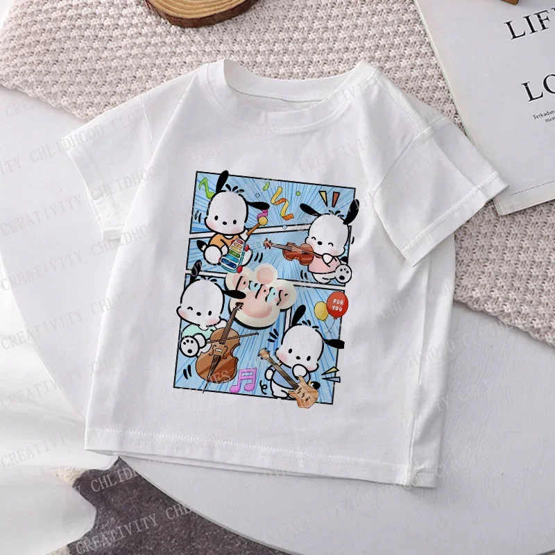 Camiseta de Pochaccos con estampado Kawaii para niños, ropa informal de dibujos animados, manga corta, Y2K, Tops para niños y niñas, novedad