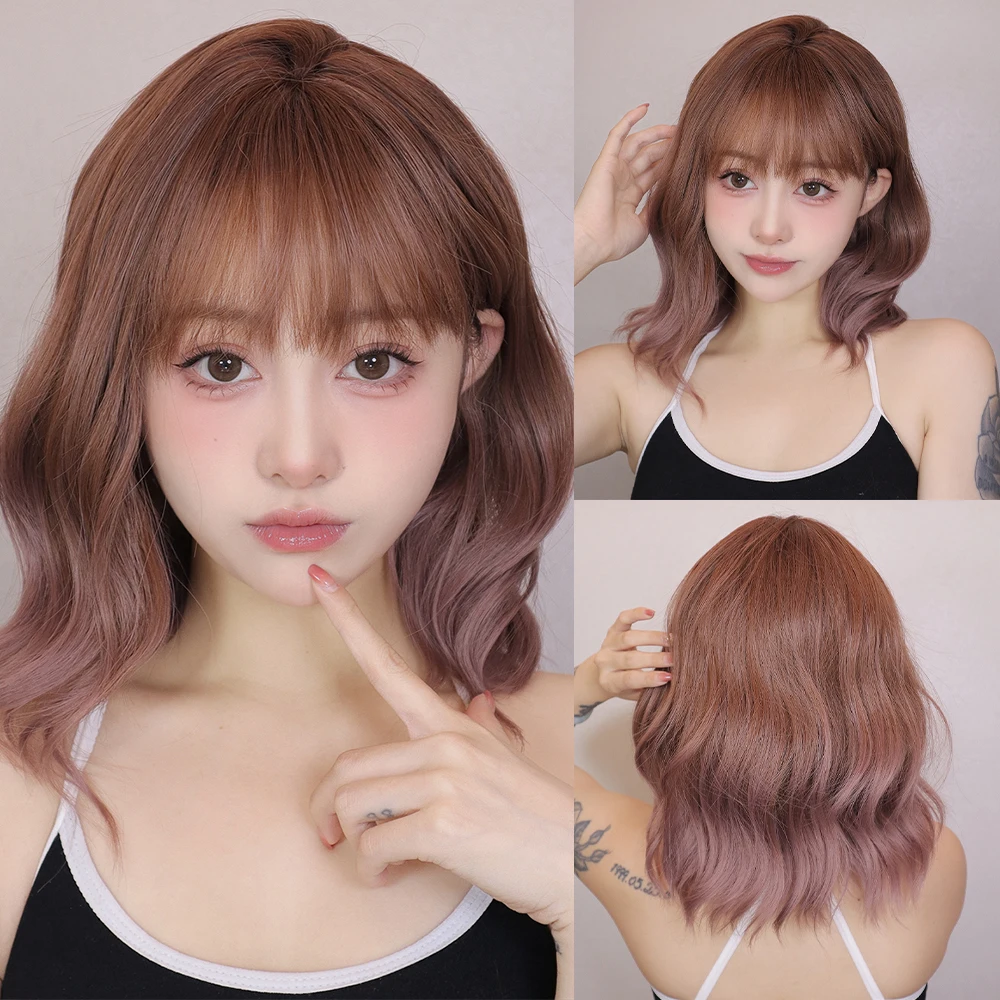 Pink Brown Body Wave Wigs for White Women Curly Short Colorful Hair with Bangs Natural Daily Party Synthetic Wigs Heat Resistant