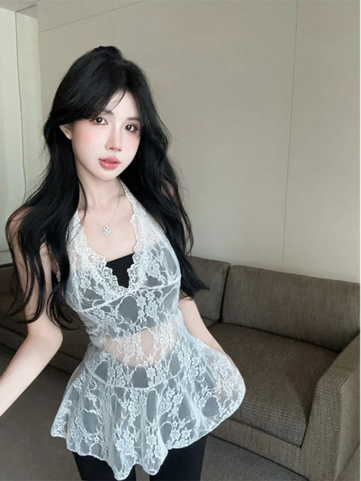 Popular Online Celebri 2024 Base Sweet Gyaru White Lace Hanging Neck Lace Small Cami Dress Women's Fashion