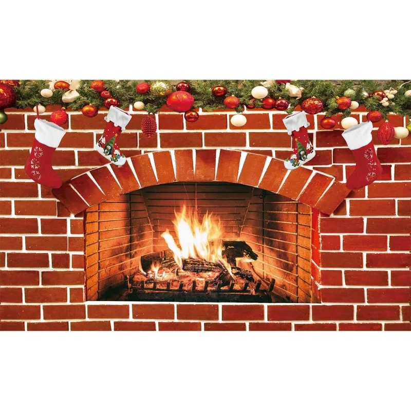 

Christmas fireplace, red brick wall stove socks gift, family party supplies