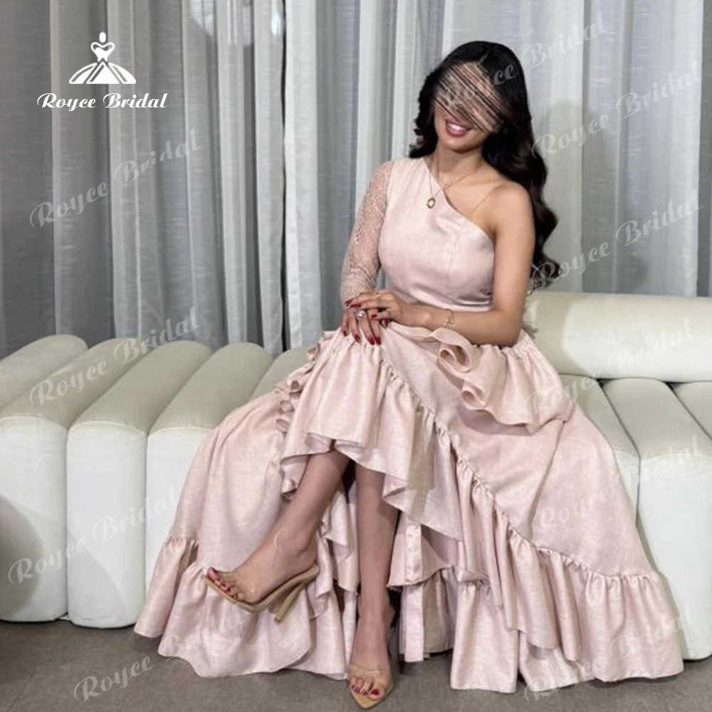 Abaya Pink One Shoulder Prom Dress Asymmetrical High Low Evening Dress Tiered Ruffle Women's Formal Evening Gowns Customized
