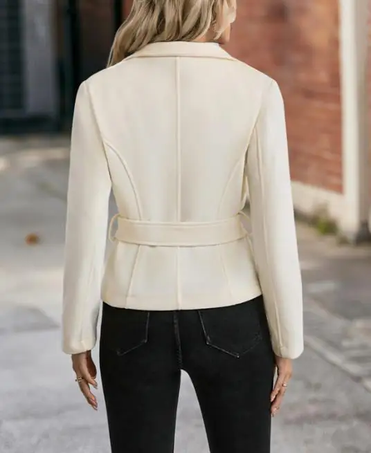 

Autumn Stand Up Collar Solid Color Metal Buckle Waist Belt Short Jacket Women's Fashionable British Style Long Sleeved Jacket