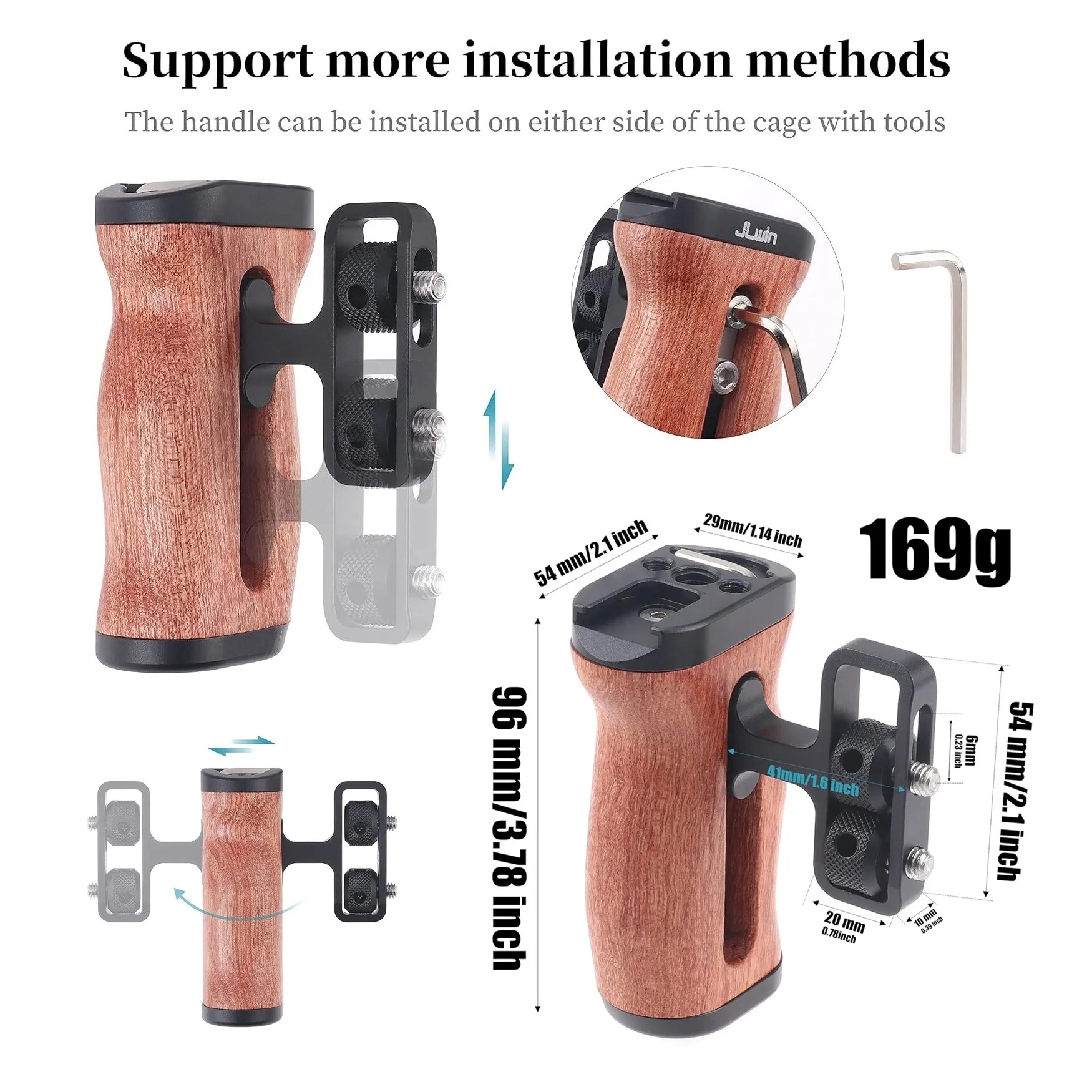 Universal Camera Cage Left/Right Side Handle Wooden Hand Grip with 1/4'' Holes Cold Shoe Mount for Camera Cage, Ergonomic Design