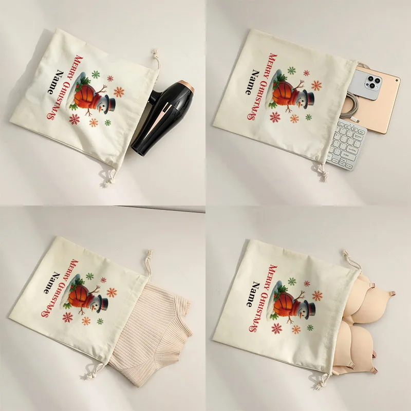 Custom Name Christmas Santa Sack Personalized Canvas Drawstring Gift Bag, Reusable Xmas Goody Candy Bag with Snowman Reindeer