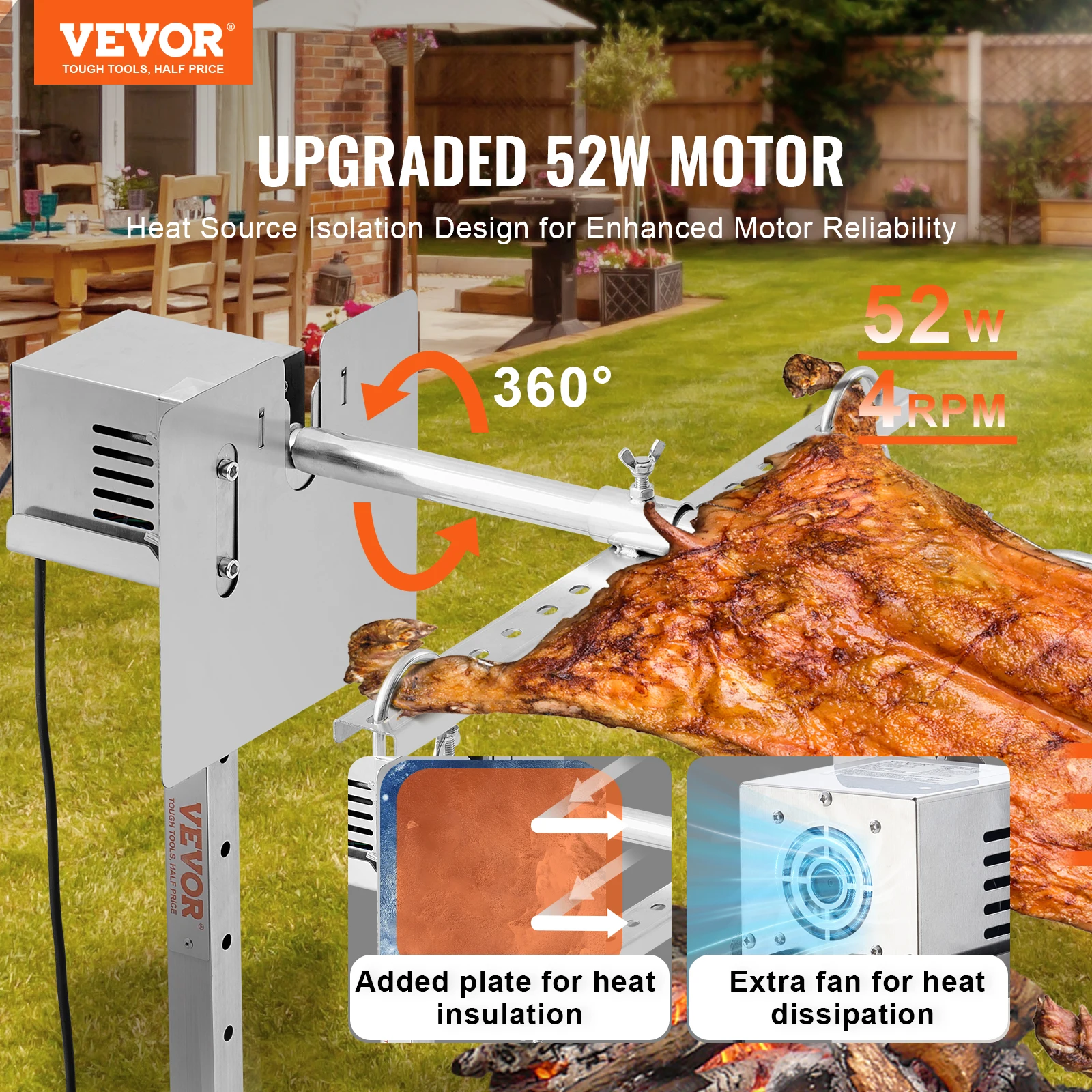 VEVOR 46/56 Inch Electric BBQ Rotisserie Grill Kit Automatic 52W Motor Height Adjustable Universal Roaster Stand