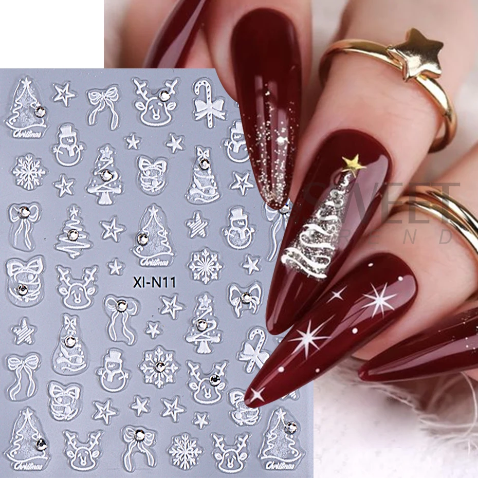 3D Christmas Nail Stickers Winter New Year Christmas Tree Snowman Elk Adhesive Sliders Lamp ball Snowflake Decals Manicure Decor