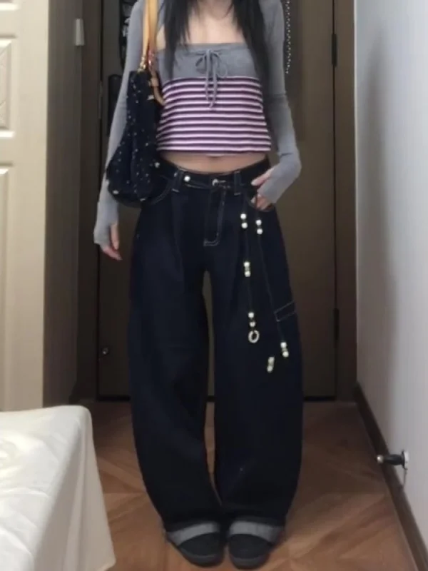 American Sle Retro Wide Leg Knife  Jeans Women's Loose Straight Casual Trousers Autumn New Faion High Waist Jeans