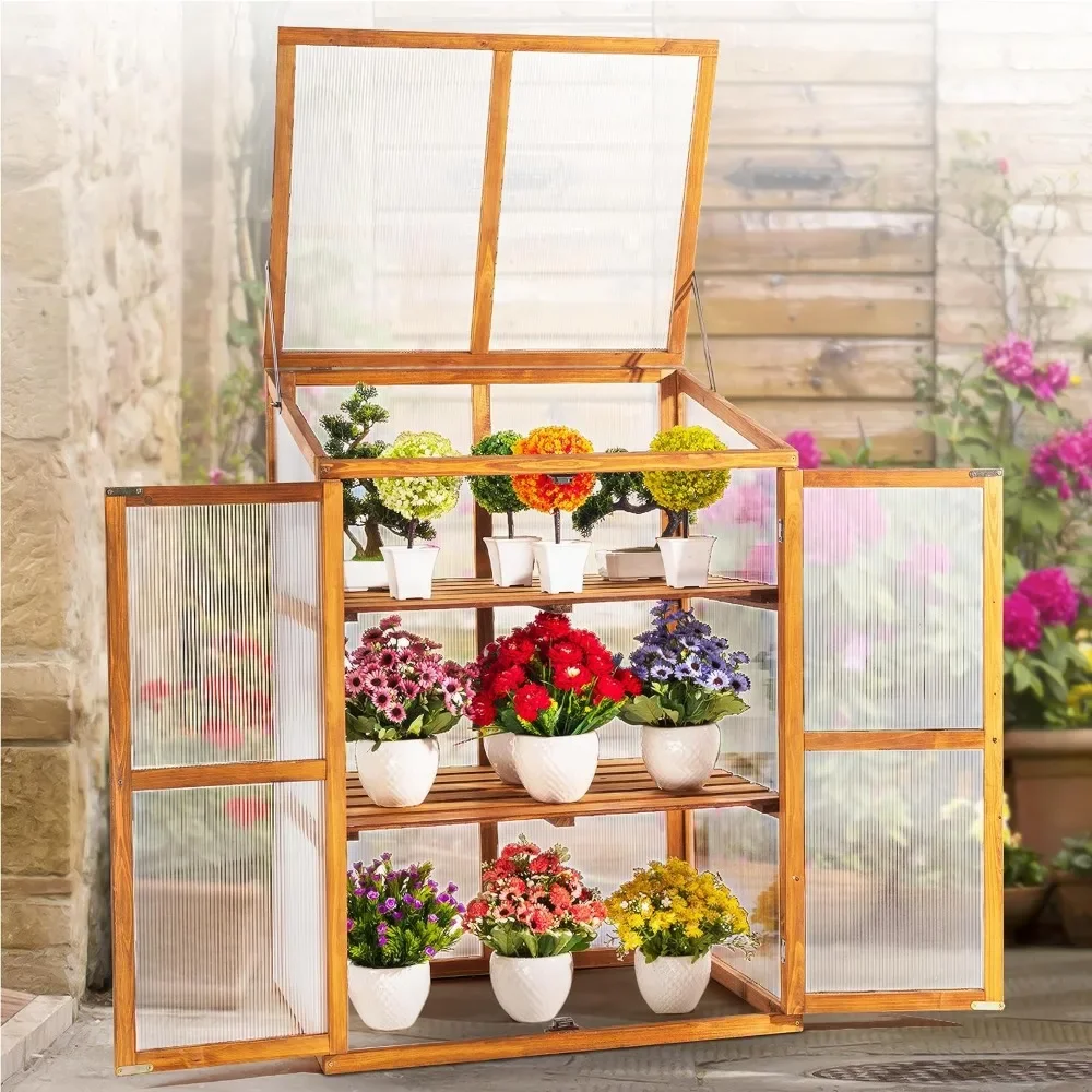 2-tier Greenhouse Cabinet With Transparent Polycarbonate Sheet and Foldable Top Greenhouse for Outdoor Garden Buildings Supplies