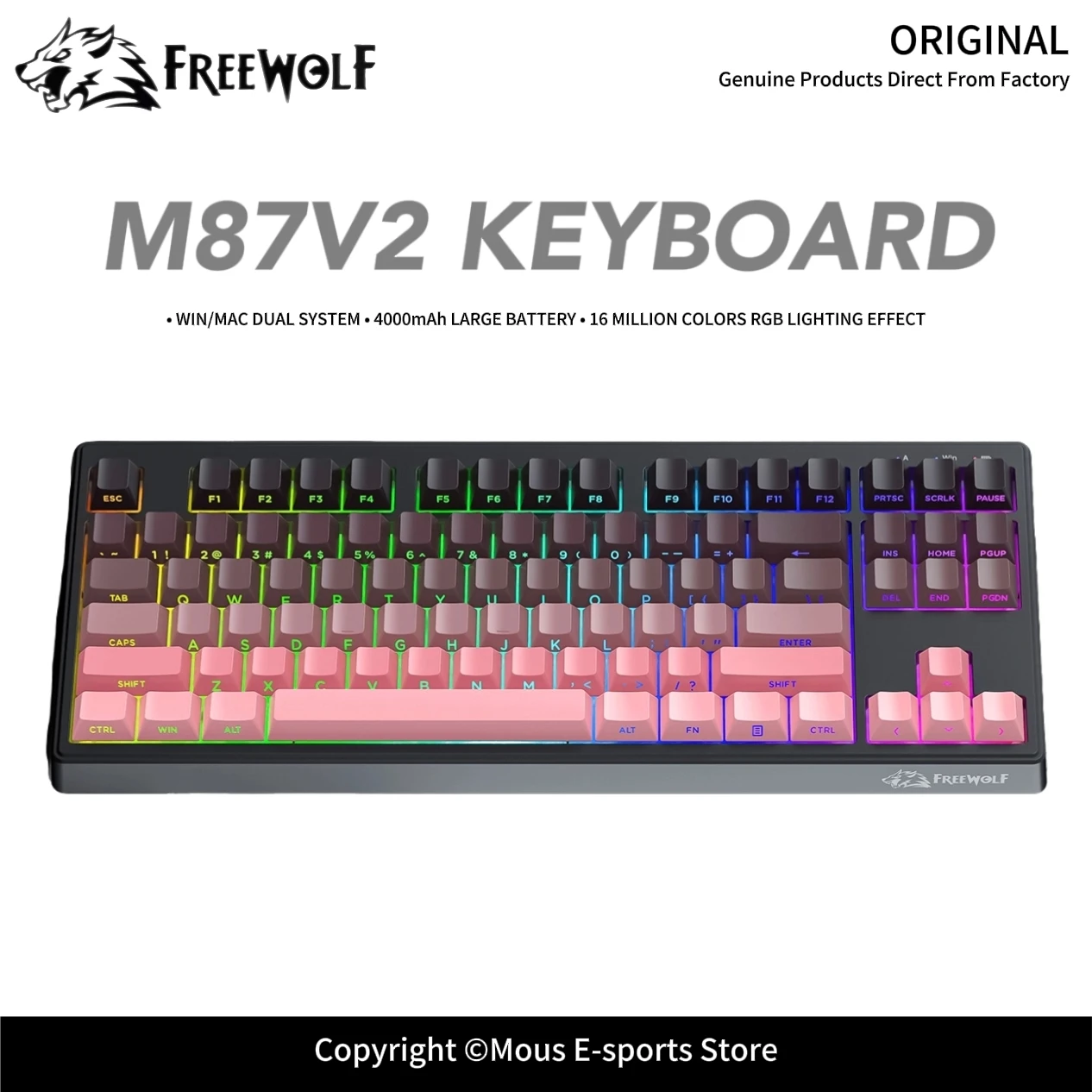 Compact RGB Gaming Keyboard FREEWOLF M87V2 4000mAh Battery Ergonomic Legs Silent Keyboard for PC Mac Android iOS
