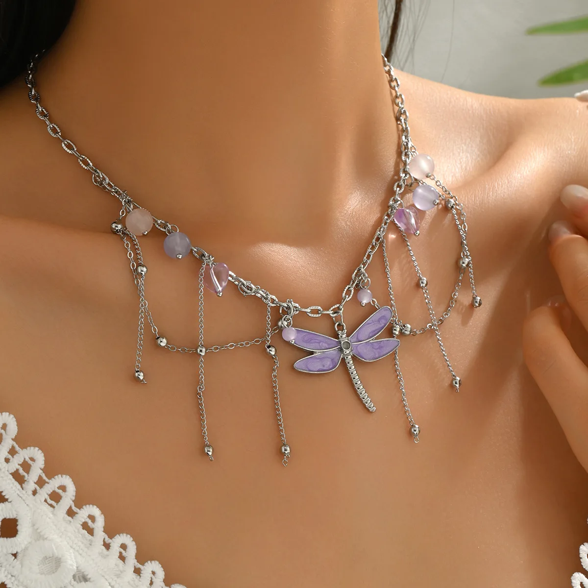 

Elegant Purple Dragonfly Pendant Necklace with Multi-Layer Fringe, Dainty Adjustable Chain, Boho Chic Jewelry for Women