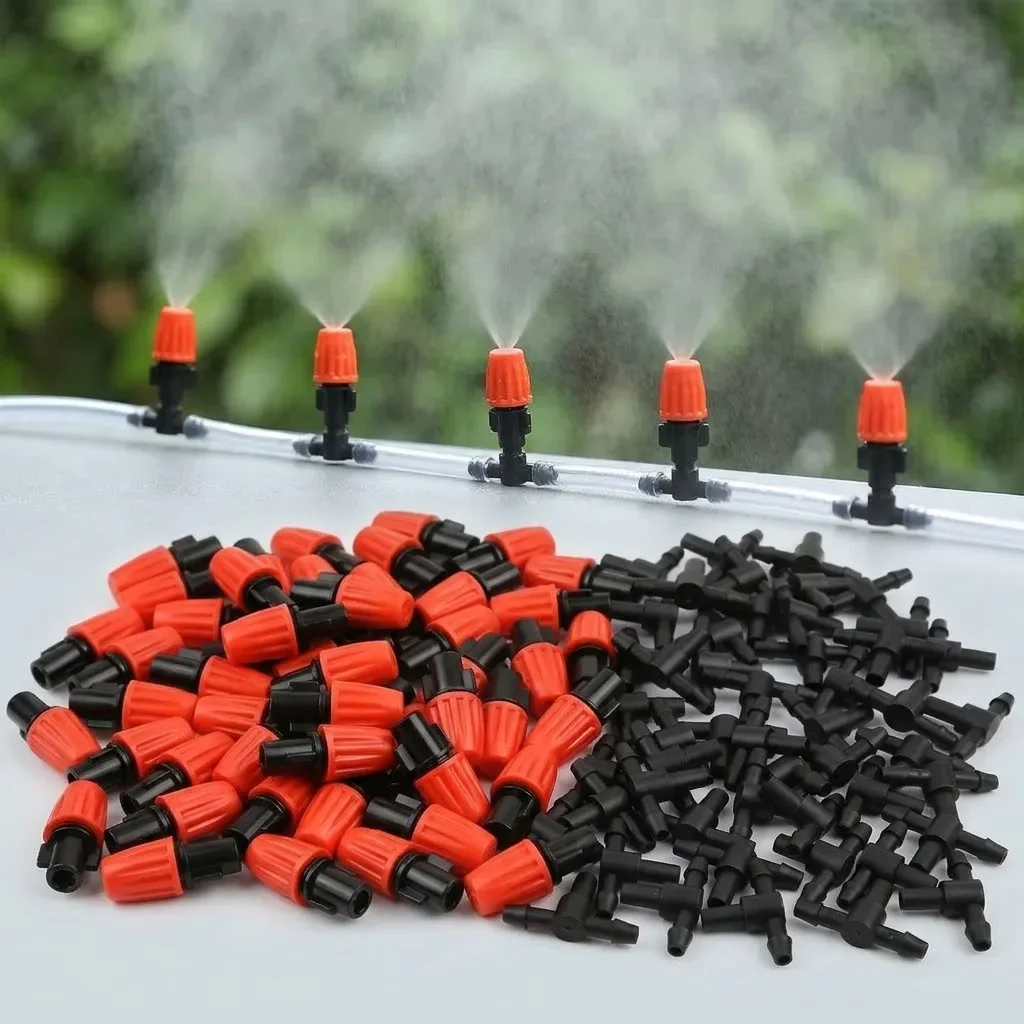 5-10L/H T-Type Orange Adjustable Misting Nozzle With 1/4 Inch Tee Connector For Garden Greenhouse 4/7mm Hose Sprayer Watering
