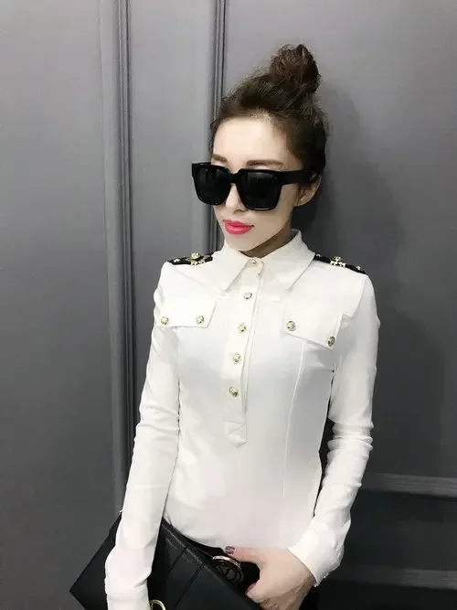 Spring Long Sleeve Turn Down Collar epaulet Cotton Shirts Women Button Cotton Blouses Women epaulet Cotton Tops