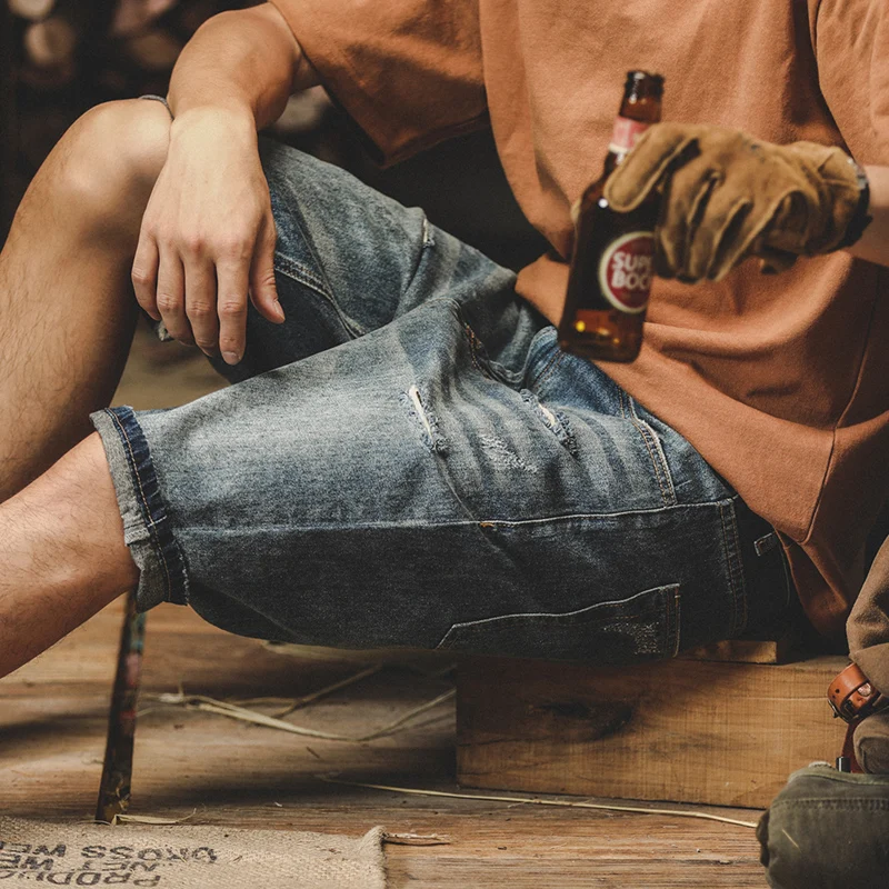 

Мужские джинсы-шорты из рваного денима в американском стиле, свободные, больших размеров, летние, тонкие, до колена, молодежные, модные, с низкой посадкой, прямые штанины