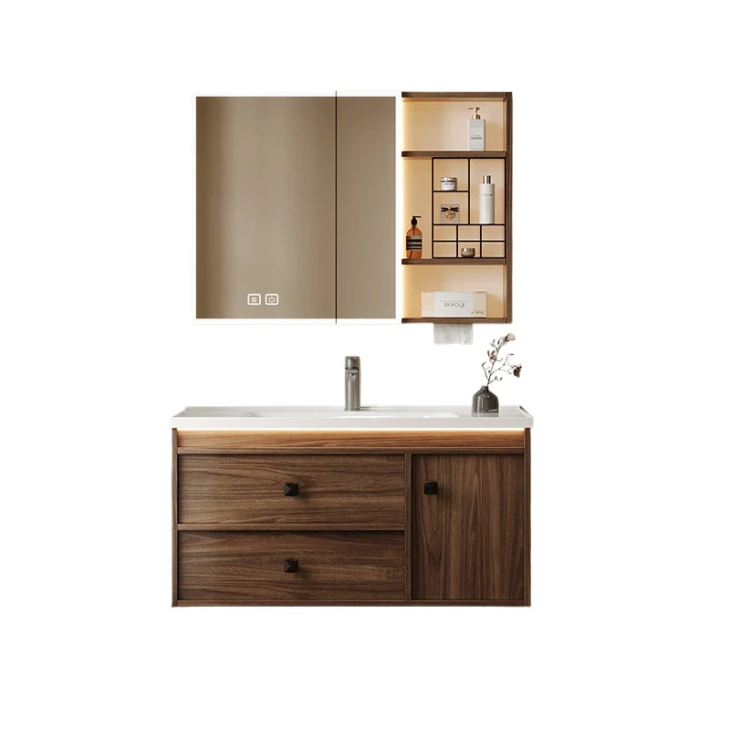 

Mid-Century Walnut Solid Wood Bathroom Cabinet Combination Ceramic Integrated Washbasin Washbasin Feng Shui Mirror Cabinet